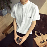 韩国港风青年韩版休闲新款短袖衬衫新品细条纹简约时尚男中袖衬衫