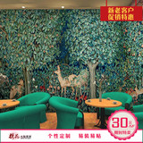 小清新咖啡店装修壁纸客厅欧式绿色树林动物油画3d壁画西餐厅墙纸