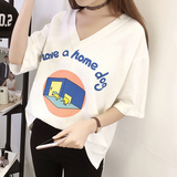 歌慕妮2016春季新款宽松显瘦韩版时尚个性百搭V领套头女士短T恤