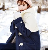 韩国冬装学院风牛角扣大衣女中长款棉衣外套学生加厚撞色拼接棉服