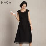 JANiQUE设计师原创女装2016夏中长款黑色腰带束腰长裙无袖连衣裙