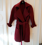 韩国代购 气质手工款酒红色双面羊绒大衣外套 翻领系带腰带风衣女