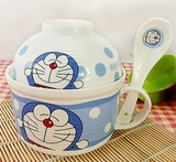 可爱陶瓷碗餐具套装机器猫泡面碗杯便当饭盒微波炉套碗带盖把手柄