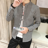 小马家2016秋季韩版修身长袖衬衫男士复古黑白格子衬衣立领外套潮