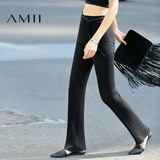 Amii[极简主义]2016秋季新款纯色通勤条纹腰带喇叭针织休闲长裤女
