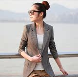 2016春装新款韩版英伦风格子小西装女修身一粒扣 大码外套西服