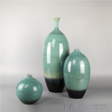 新中式样板间客厅孔雀绿蓝色陶瓷花器摆件玄关中式手工陶瓷插花瓶