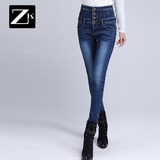 ZK2016春装新款加绒黑色牛仔裤纽扣简约高腰铅笔裤修身显瘦长裤女