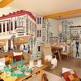 卡通建筑物街道壁画主题壁纸餐厅咖啡奶茶店港式文化墙纸街头风景