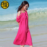 度假小姐2016露肩沙滩裙玫红色连衣裙堆堆袖吊带中长裙海边泰国裙