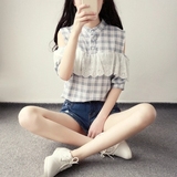 夏韩版学院风立领短袖棉麻衬衫甜美小清新蕾丝露肩格子显瘦上衣女