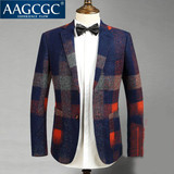 AAGCGC 新款英伦格子毛呢休闲西服冬季男士修身加厚拼色西装1912