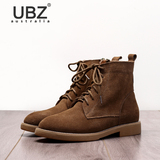 UBZ2016秋冬新款短靴英伦风磨砂系带真皮复古文艺单靴平底女靴