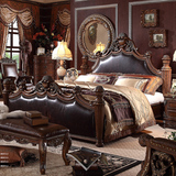 美式床双人床1.8米实木床柱子床婚床手工雕花皮艺床欧式床奢华床
