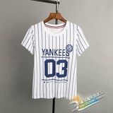 2016夏款MLB拼接条纹棒球服长袖半袖T恤男女情侣装NY立领字母上衣