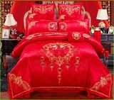 大红婚庆四件套全棉刺绣结婚床上用品夹棉床罩床裙新婚六八十件套