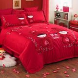 热卖特色结婚礼物婚庆大红色全纯棉四件套可爱大花朵被套床单床上