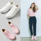 2016春季韩版新款平底单鞋小白鞋粉色系带乐福鞋运动休闲板鞋女鞋