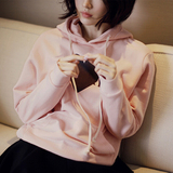 韩国代购秋季粉色印花加绒套头连帽卫衣女学院风学生抓绒带帽外套