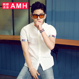 AMH韩都衣舍男装2016夏装新款修身衬衣 韩版方格贴布男士短袖衬衫