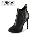 AIMIGAO爱米高2015秋冬新款 欧美时尚铆钉高跟短靴细跟松紧带靴J