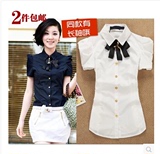 韩版女式衬衣短袖白衬衫 女长袖学生加肥加大码工装职业工作服胖