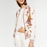 飞鸟花朵印花白色棒球服女短外套夏季防风薄款飞行员夹克开衫上衣