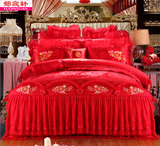 全棉婚庆四件套大红蕾丝床盖纯棉六件套结婚床上用品大红被套1.8m
