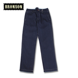2016恶犬BRONSON靛蓝色条纹背带长裤 男士复古工装裤子直筒休闲裤