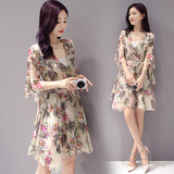 2016夏季韩版新款时尚气质显瘦V领印花连衣裙中长款裙子女夏