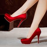 新款绸缎防水台新娘鞋32码33码小码旗袍鞋红色高跟鞋结婚鞋女