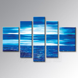 手绘蓝色大海油画现代风格家装五联组合无框画海滩海景风景装饰画