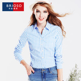 BRIOSO新品春装2016格子衬衫 女 长袖纯棉韩版女装修身大码衬衣潮