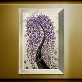 包邮紫色厚油手绘花卉装饰画发财树油画客厅玄关卧室有框竖版挂画