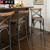欧美式铁艺实木高脚椅子 咖啡厅餐厅吧台前台椅吧凳复古酒吧家用