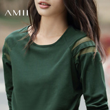 Amii[极简主义]2016新款秋装透视拼接纯色修身圆领修身长袖T恤女