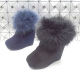 欧美冬季狐狸毛骑士靴女 超高跟真皮女靴保暖短筒靴子坡跟短靴潮