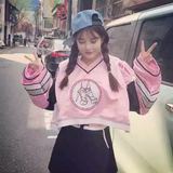 2015秋季新款韩版原宿街拍软妹少女芭比粉棒球绸缎超美贴布卫衣
