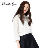 Doublelove女装2016秋新款甜美性感透视喇叭袖立体花朵衬衫套头衫