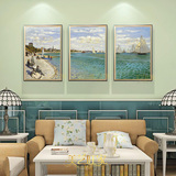 新品厚颜料手绘临摹莫奈油画风景海装饰客厅三联组合套画有框壁挂