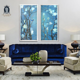 现代中式客厅餐厅玄关装饰画1米大挂画定制蓝有框布面油画白玉兰
