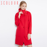 三彩2016新款冬装简约大红中长款羊毛呢大衣羊绒外套女D544182D00