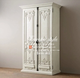 促销 欧式全实木做旧复古象牙白雕花双开门衣柜   门厅储物柜