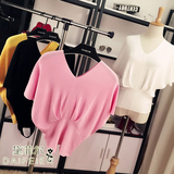 韩国夏季新款蝙蝠衫宽松上衣收腰显瘦冰丝短袖V领套头针织衫女