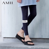 Amii2016夏季紧身裤女百搭弹力夏天印花九分裤黑色薄款打底裤外穿
