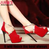 新款性感红色婚鞋超高跟细跟防水台包脚深口大码女凉鞋40414243