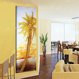现代走廊玄关装饰画竖版画过道三联画壁画无框画仿油画海边椰子树