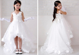 新款连衣裙主持女童拖尾小孩花童公主拖地婚纱长裙白色儿童礼服