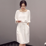 夏季棉麻连衣裙韩版修身显瘦裙子白色气质a字裙短袖宽松收腰中裙