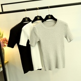 夏季韩版纯色短袖白t女士打底衫贴身圆领短款套头针织t恤紧身上衣